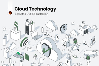 Cloud Technology Isometric Outline Illustration
