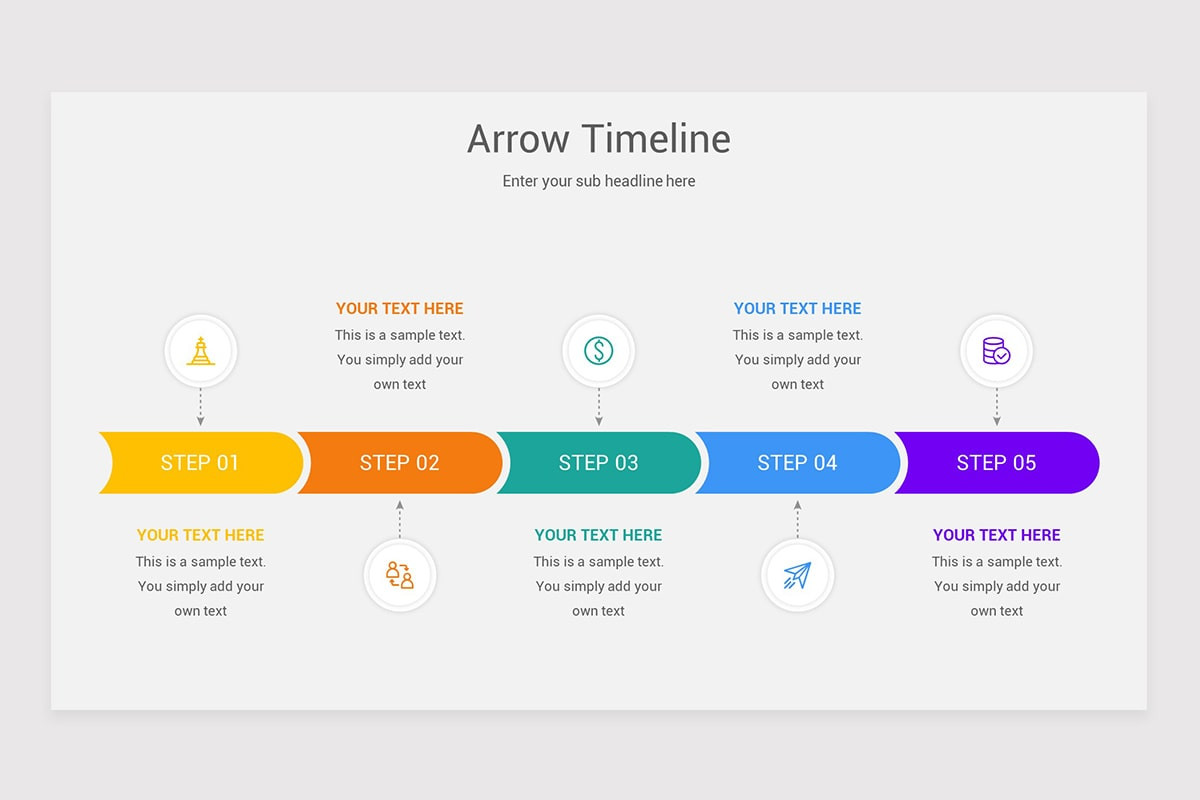 glossy button timeline with business icons and arrow... Arrow Timeline PowerPoint Template | Nulivo Market